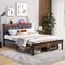 Rustic Brown Platform Bed Metal Frame with Charging Station and Storage Headboard